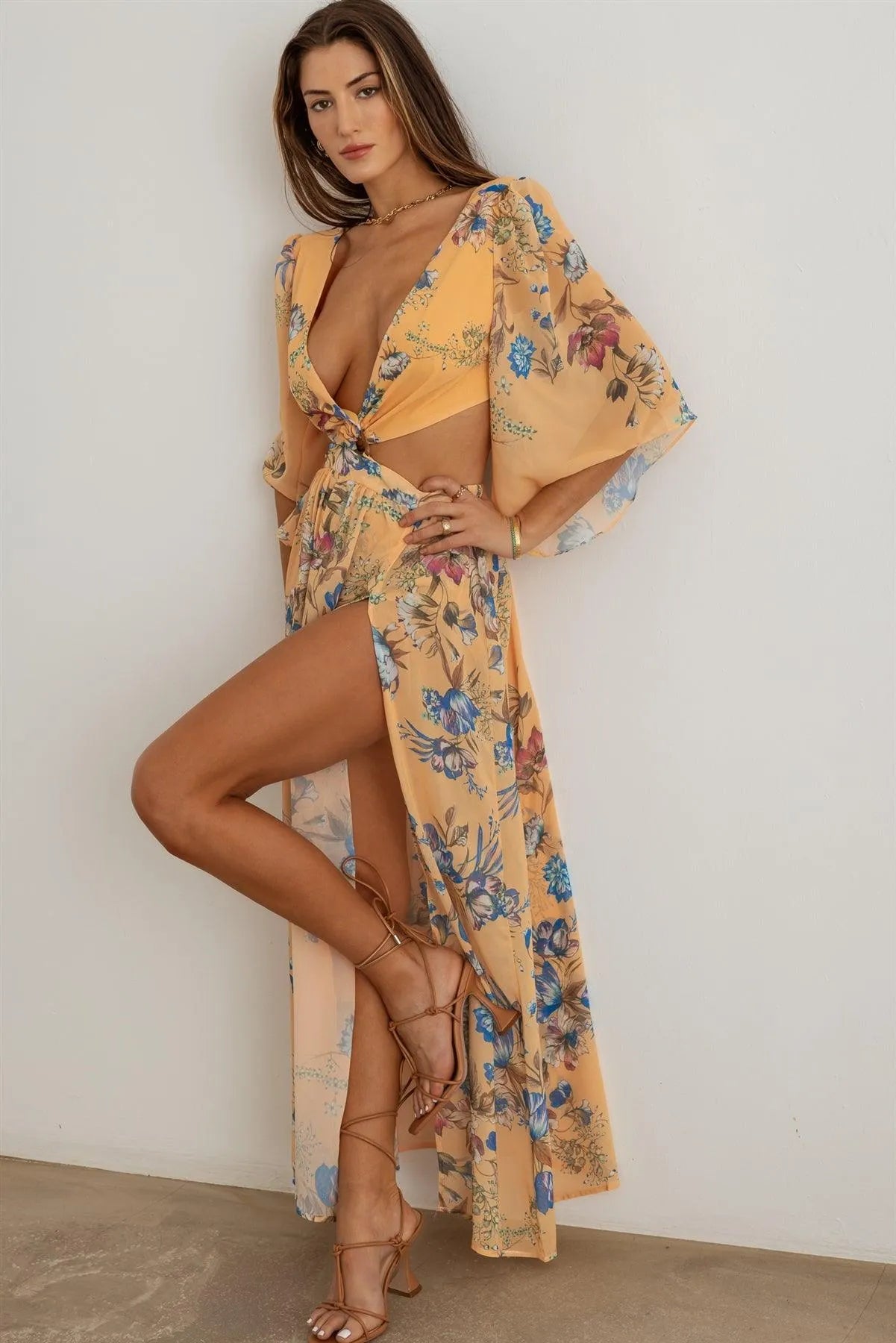 Boho Flower Criss-Cross O-Ring Side Slit Maxi Dress - Tasha Apparel Wholesale