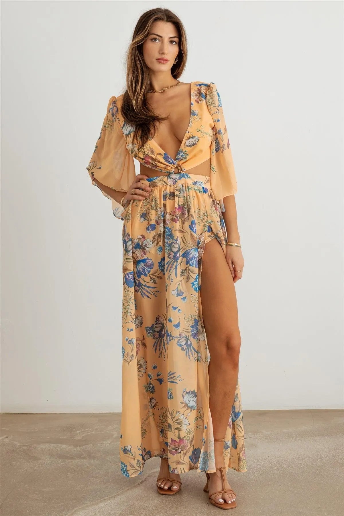 Boho Flower Criss-Cross O-Ring Side Slit Maxi Dress - Tasha Apparel Wholesale