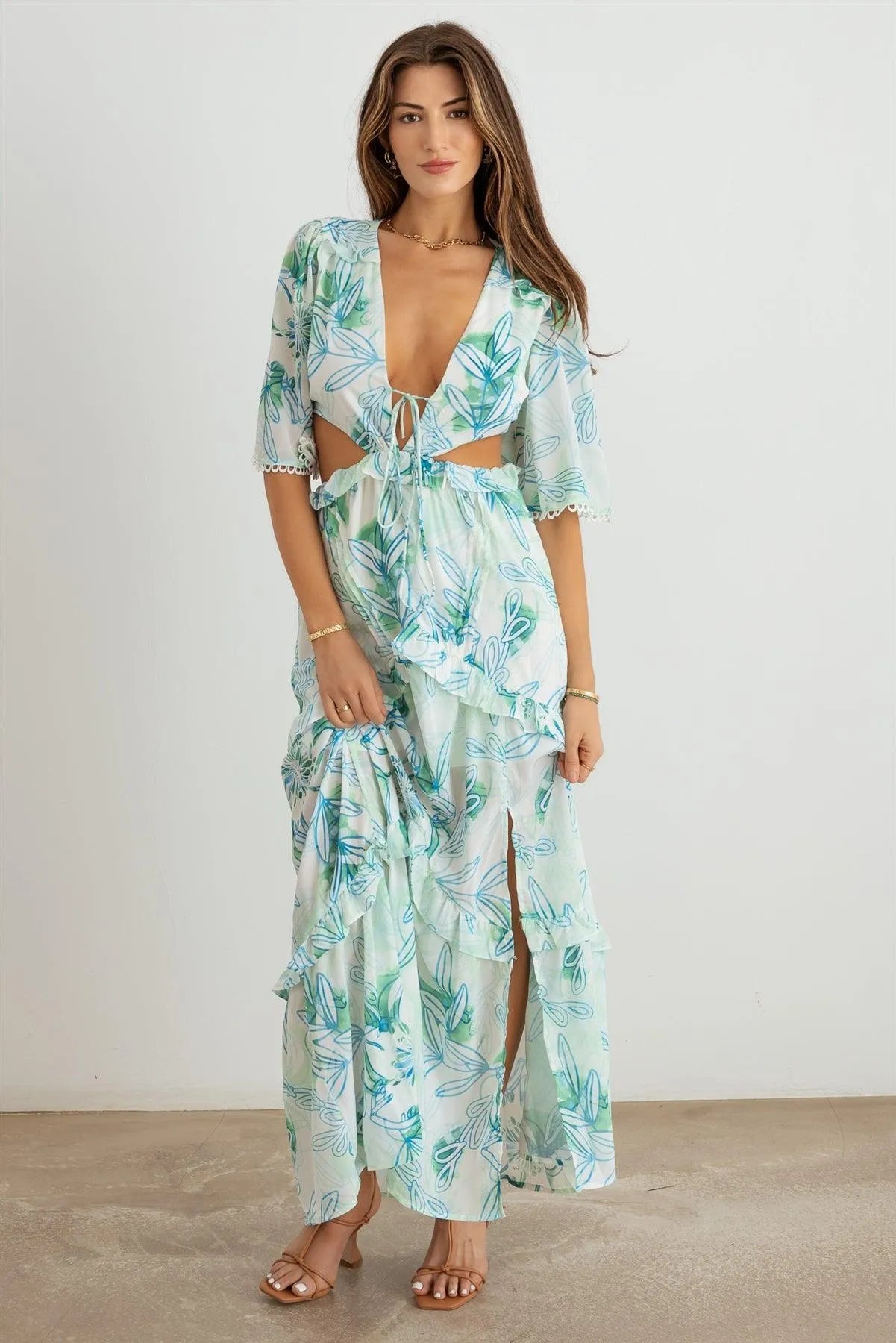 Flower Western Ruffle Cut-Out V-Neck Maxi Dress - Tasha Apparel Wholesale