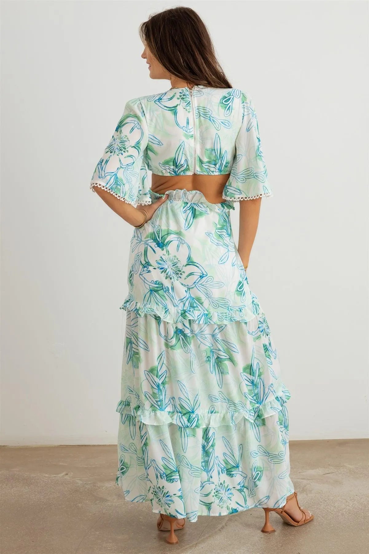 Flower Western Ruffle Cut-Out V-Neck Maxi Dress - Tasha Apparel Wholesale