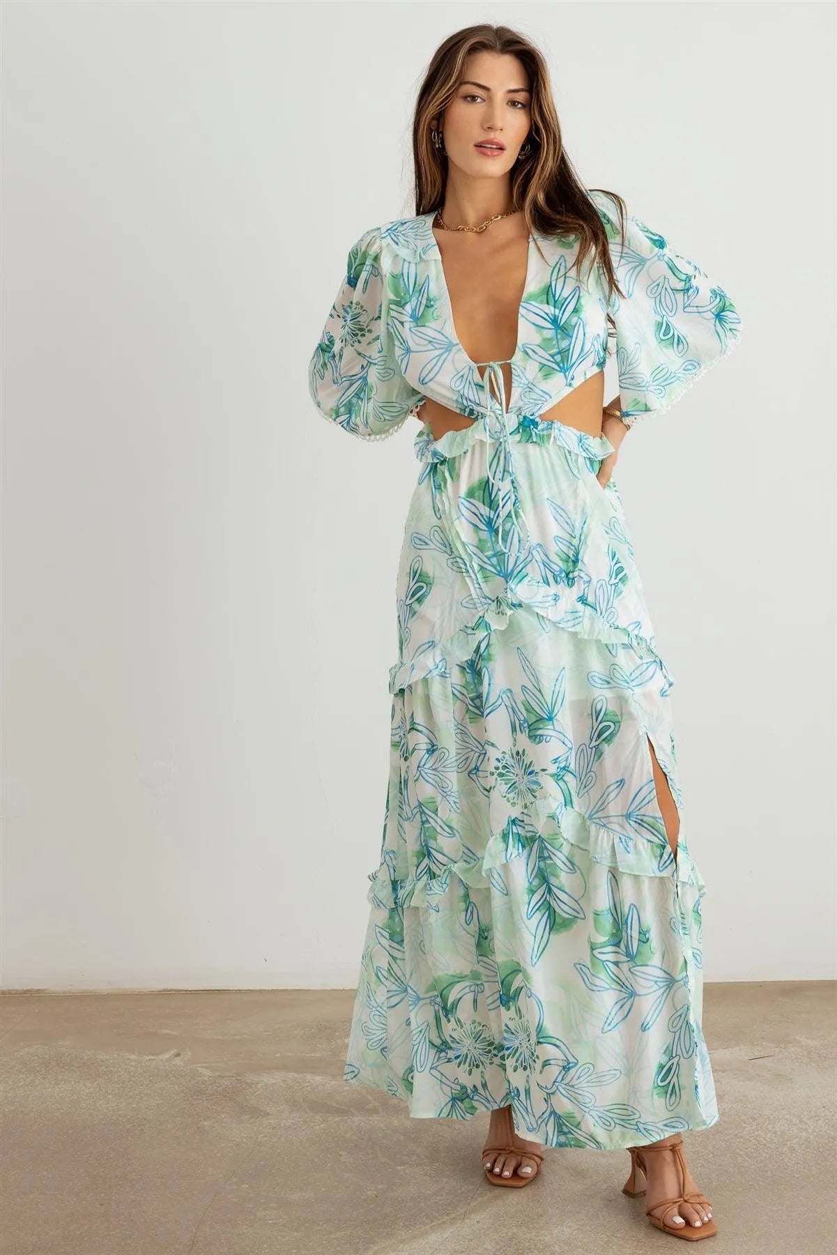 Flower Western Ruffle Cut-Out V-Neck Maxi Dress - Tasha Apparel Wholesale