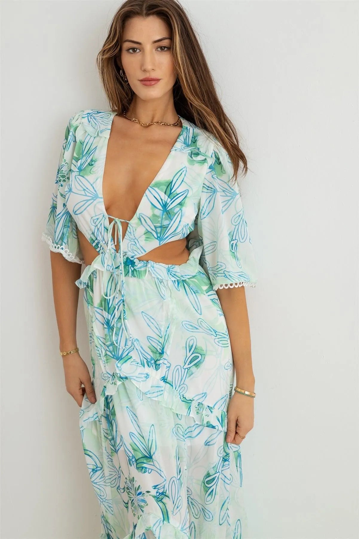 Flower Western Ruffle Cut-Out V-Neck Maxi Dress - Tasha Apparel Wholesale