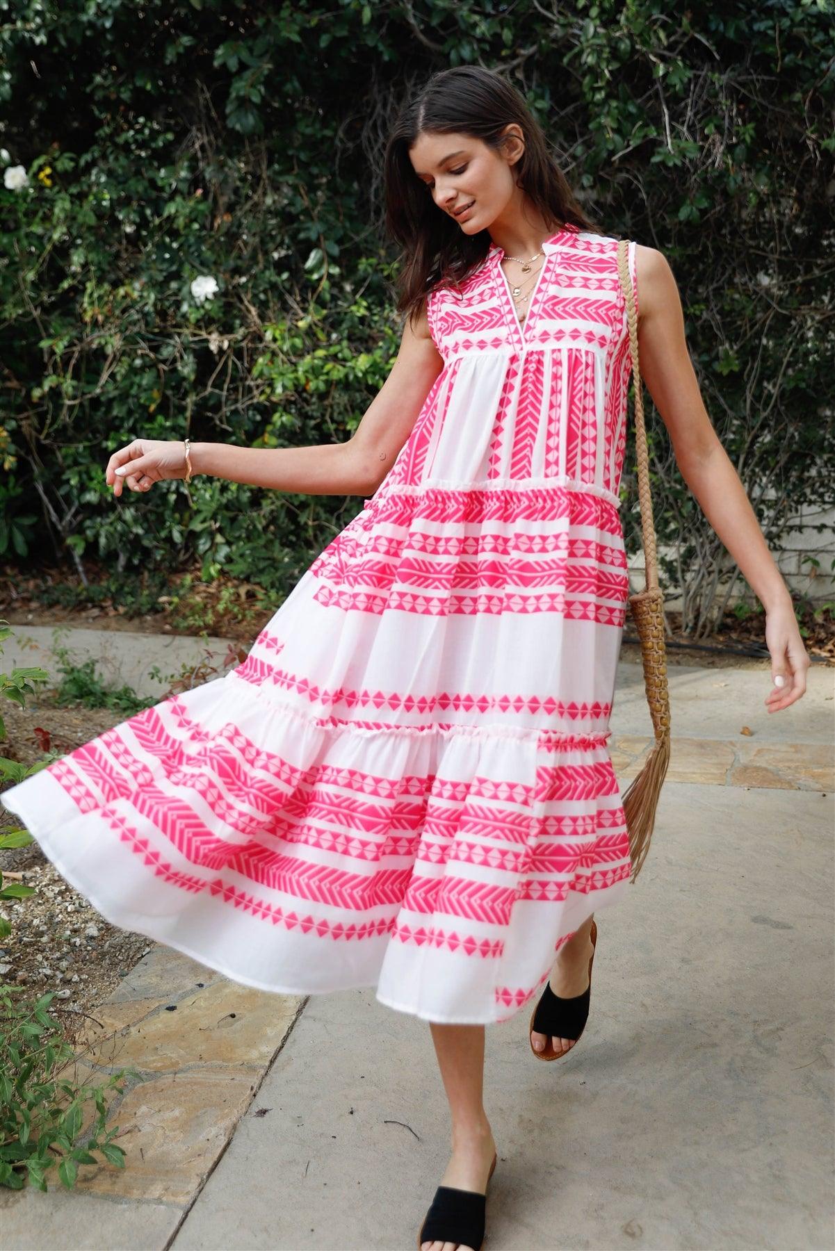 Pink & White Geometric Print Flare Midi Dress /2-2-2