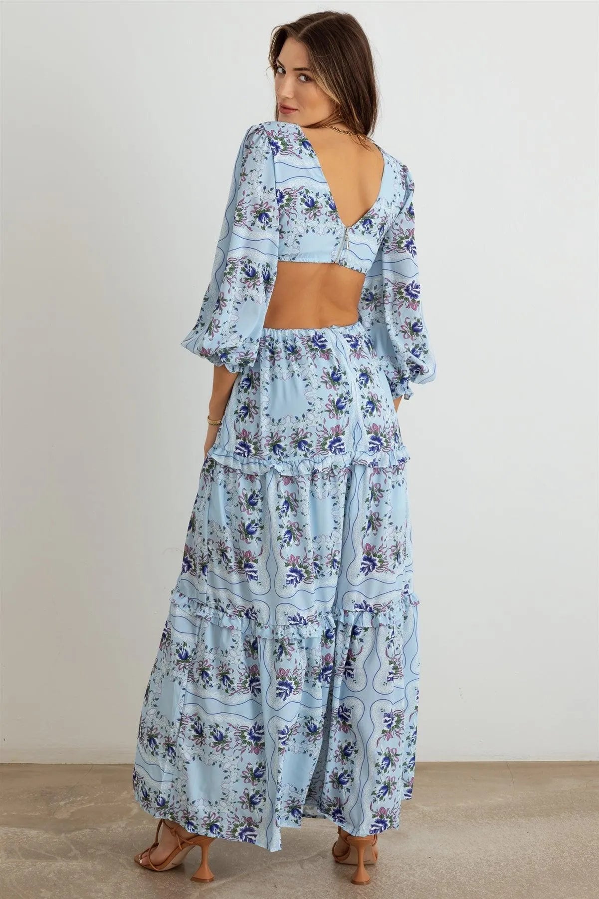 Floral Ruffle Criss-Cross Waist O-Ring Maxi Dress - Tasha Apparel Wholesale