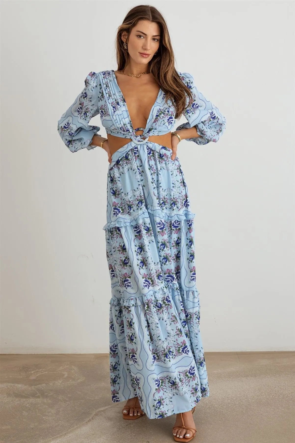 Floral Ruffle Criss-Cross Waist O-Ring Maxi Dress - Tasha Apparel Wholesale