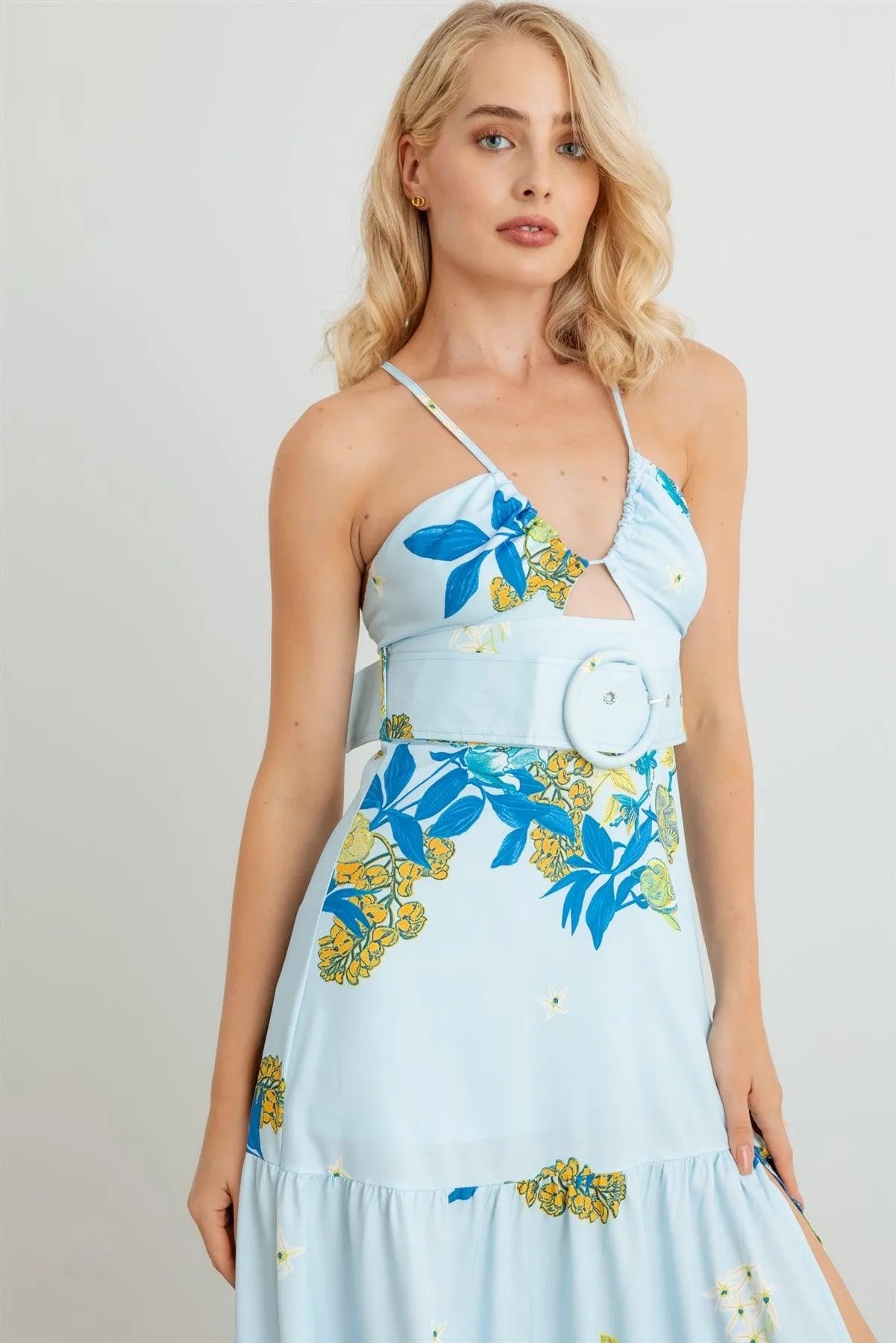 Floral Halter Neck Belted Flare Hem Maxi Dress