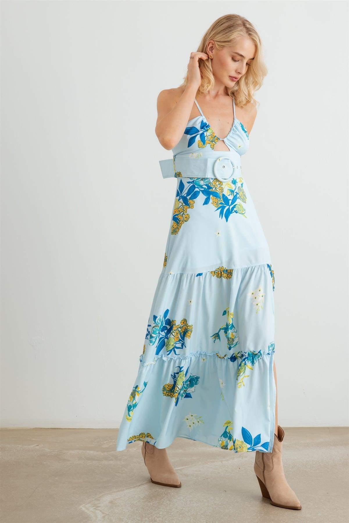 Blue Floral Sleeveless Halter Neck Belted Flare Hem Midi Dress /2-2-3