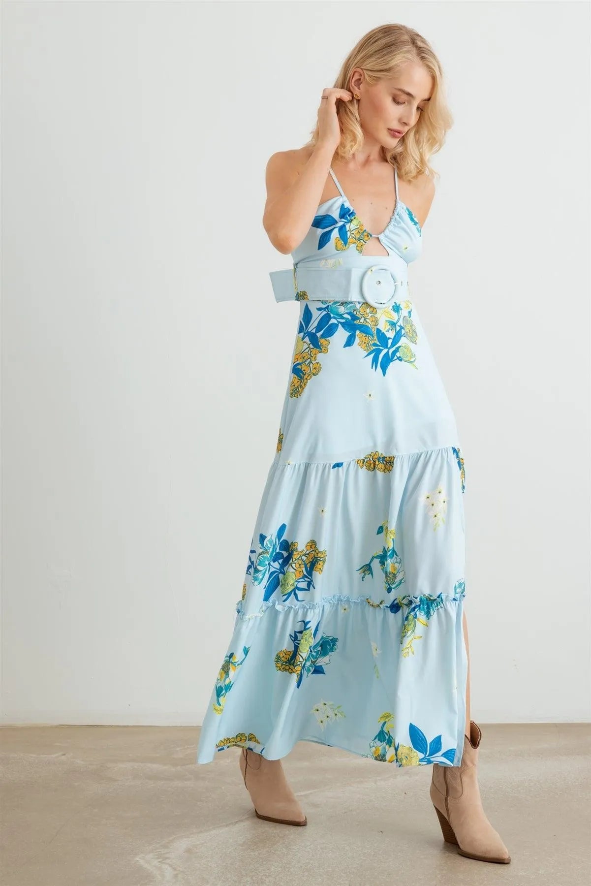 Floral Halter Neck Belted Flare Hem Maxi Dress - Tasha Apparel Wholesale