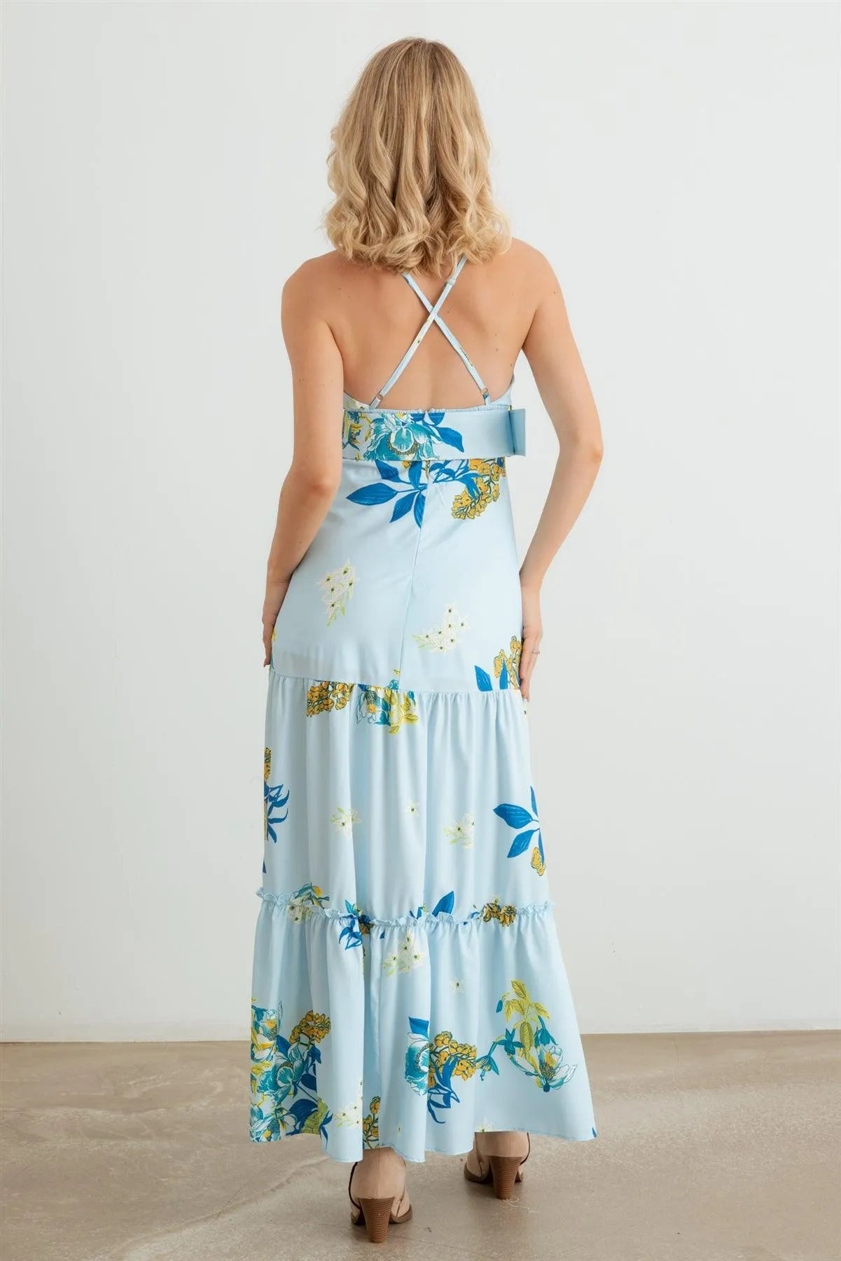 Floral Halter Neck Belted Flare Hem Maxi Dress - Tasha Apparel Wholesale