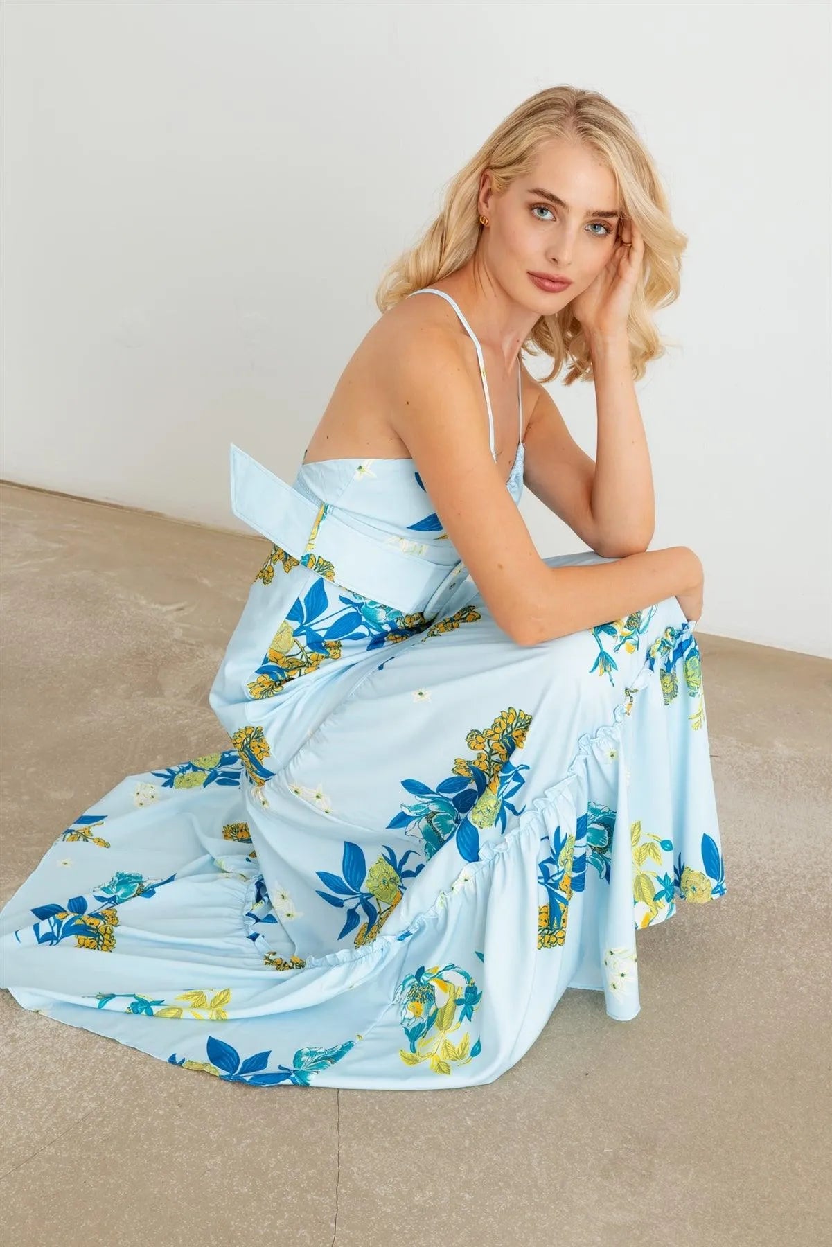 Floral Halter Neck Belted Flare Hem Maxi Dress - Tasha Apparel Wholesale