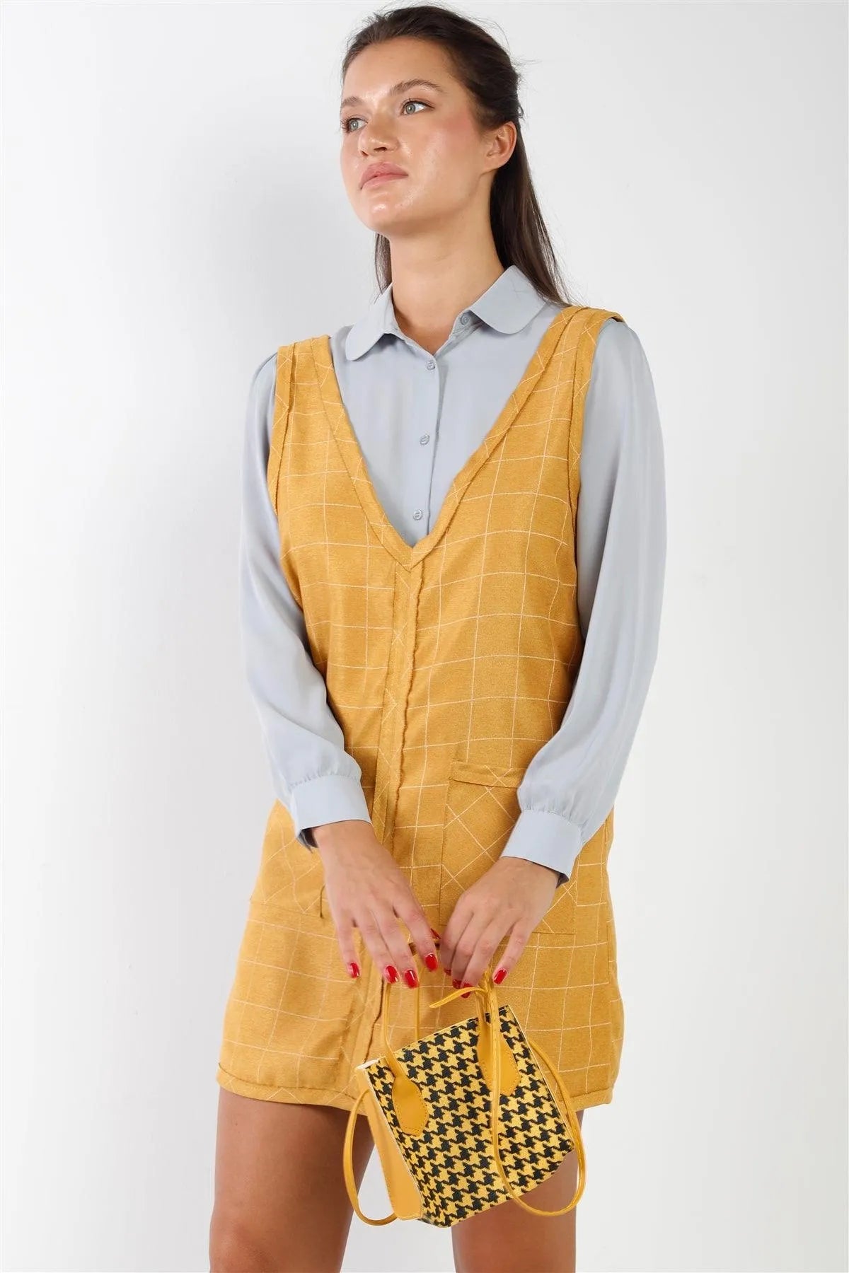 Mustard Pinstripe Plaid V-Neck Raw Hem Mini Dress /2-2-2 - Tasha Apparel Wholesale