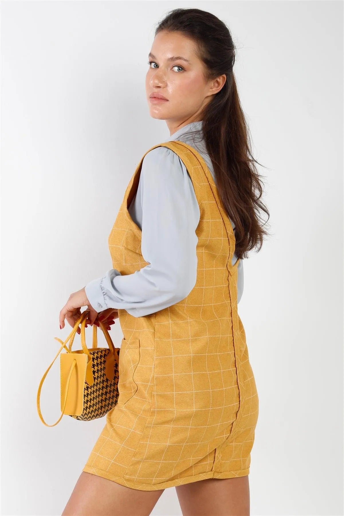 Mustard Pinstripe Plaid V-Neck Raw Hem Mini Dress /2-2-2 - Tasha Apparel Wholesale