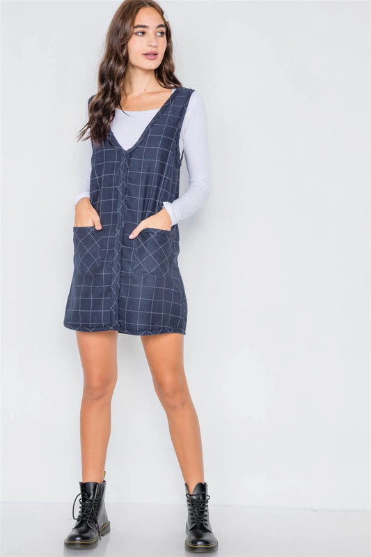 Navy Pinstripe Plaid V-Neck Raw Hem Mini Dress /2-2-2 - Tasha Apparel Wholesale