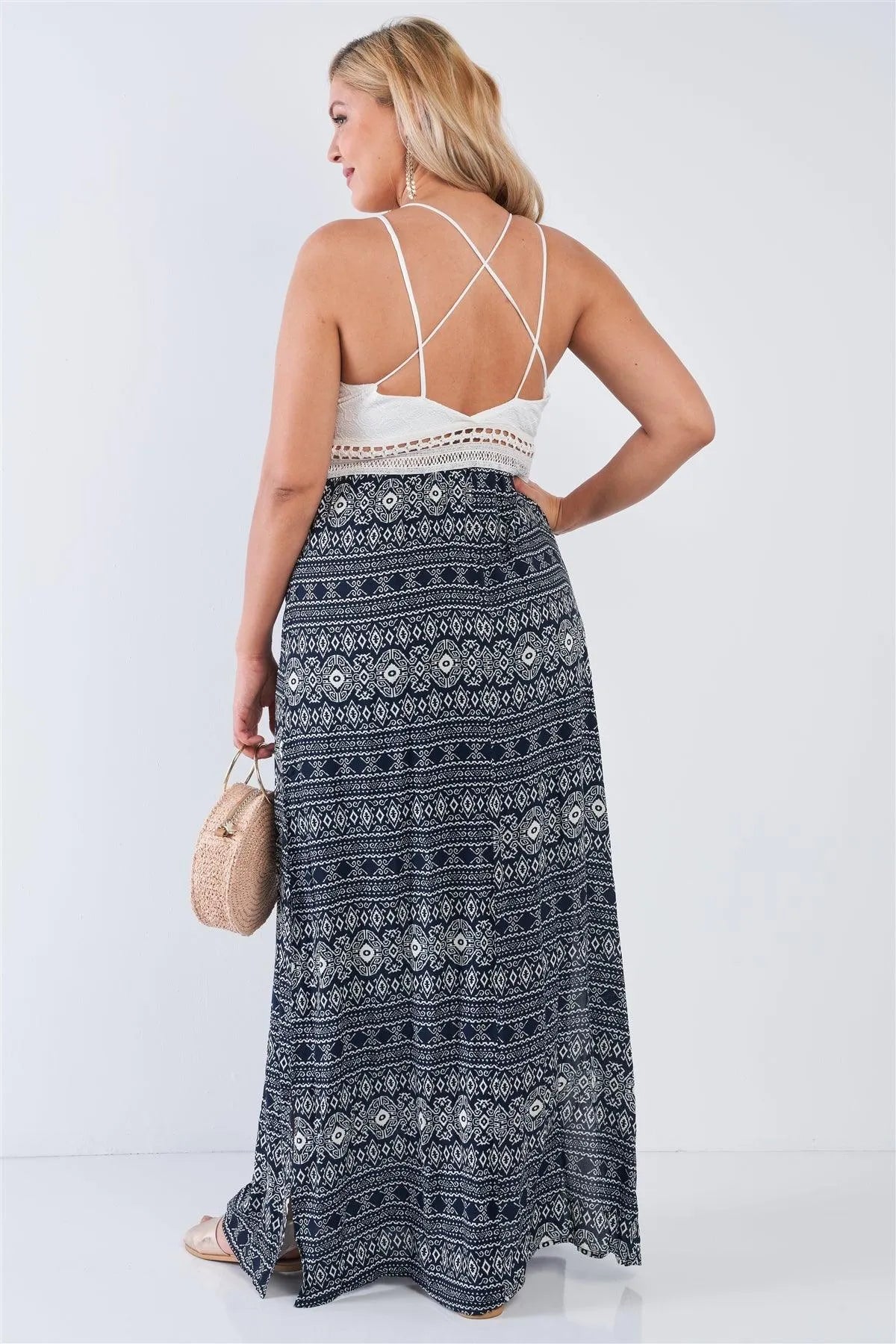 Junior Plus Size Navy V-Neck Lace Crochet Detail Criss Cross Back Maxi Dress /2-2-2 - Tasha Apparel Wholesale