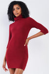 Burgundy Red Light Ribbed Tight Fit Midi Sleeve Turtleneck Sweater Mini Dress /2-2-2