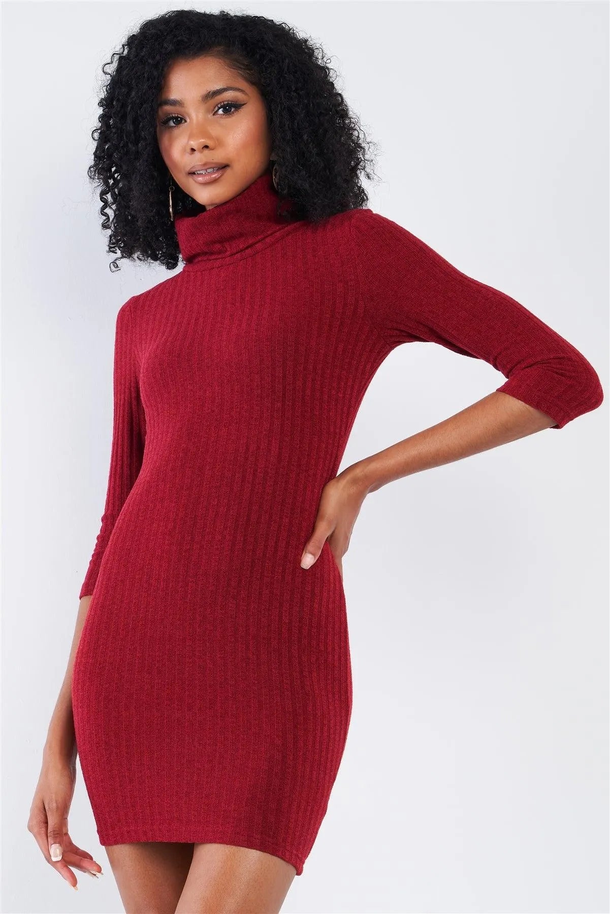 Burgundy Red Light Ribbed Tight Fit Midi Sleeve Turtleneck Sweater Mini Dress /2-2-3 - Tasha Apparel Wholesale