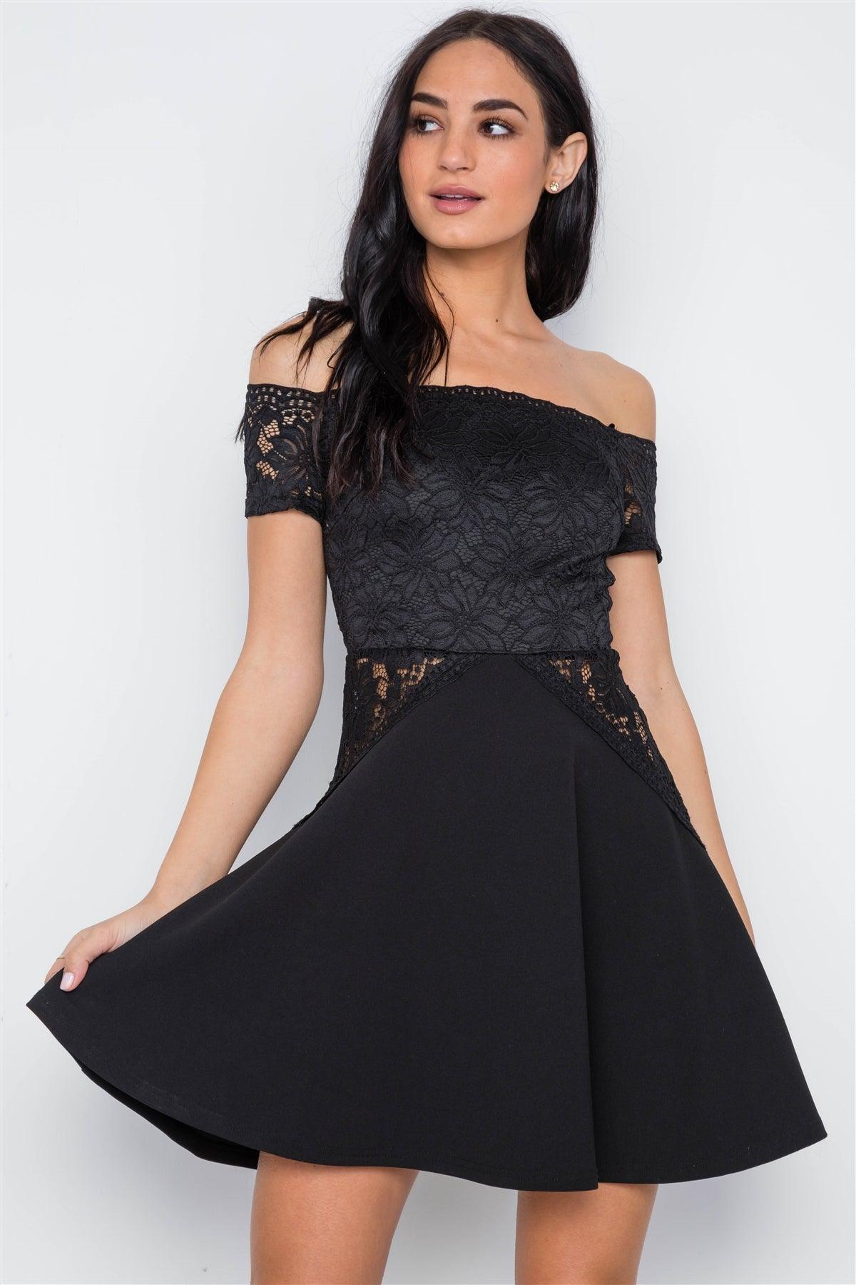 Black Floral Lace Off-The-Shoulder Skater Mini Dress /2-2-2