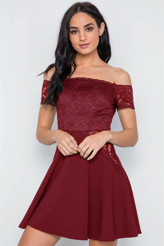 Wine Floral Lace Off-The-Shoulder Skater Mini Dress /2-2-2 - Tasha Apparel Wholesale