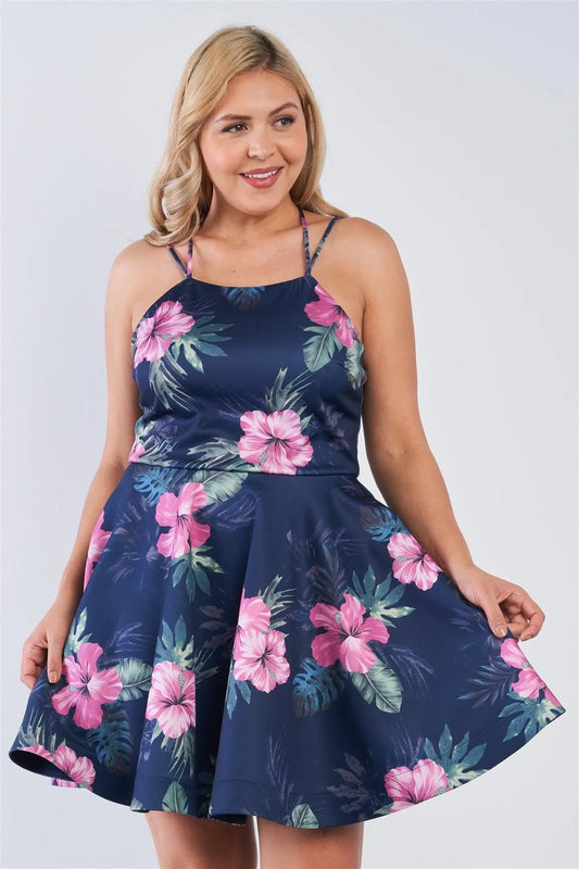 Junior Plus Size Navy Tropical Print Square Neckline Strappy Open Back Flare Mini Dress /2-2-2 - Tasha Apparel Wholesale
