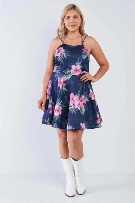 Junior Plus Size Navy Tropical Print Square Neckline Strappy Open Back Flare Mini Dress /3-2-2 - Tasha Apparel Wholesale