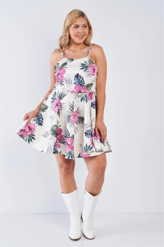 Junior Plus Size Off-White Tropical Print Square Neckline Strappy Open Back Flare Mini Dress /2-2-2 - Tasha Apparel Wholesale
