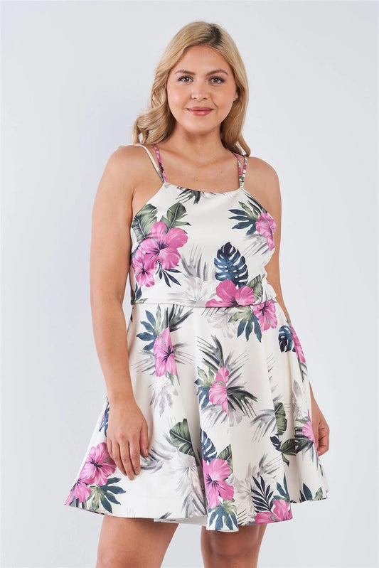 Junior Plus Size Off-White Tropical Print Square Neckline Strappy Open Back Flare Mini Dress /3-2-2 - Tasha Apparel Wholesale