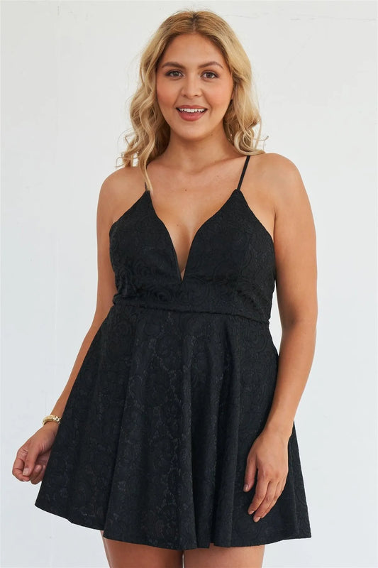 Junior Plus Size Black Criss Cross Cami Adjustable Strap Floral Embroidered Black Mini Summer Dress /2-2-2 - Tasha Apparel Wholesale