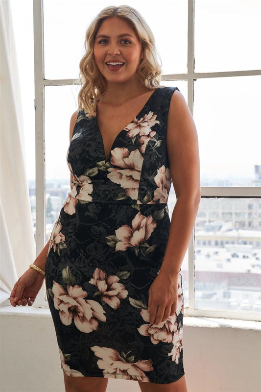 Junior Plus Size Silver Pink Floral Print Bodycon Lace Up Back Midi Dress /2-2-2-1 - Tasha Apparel Wholesale