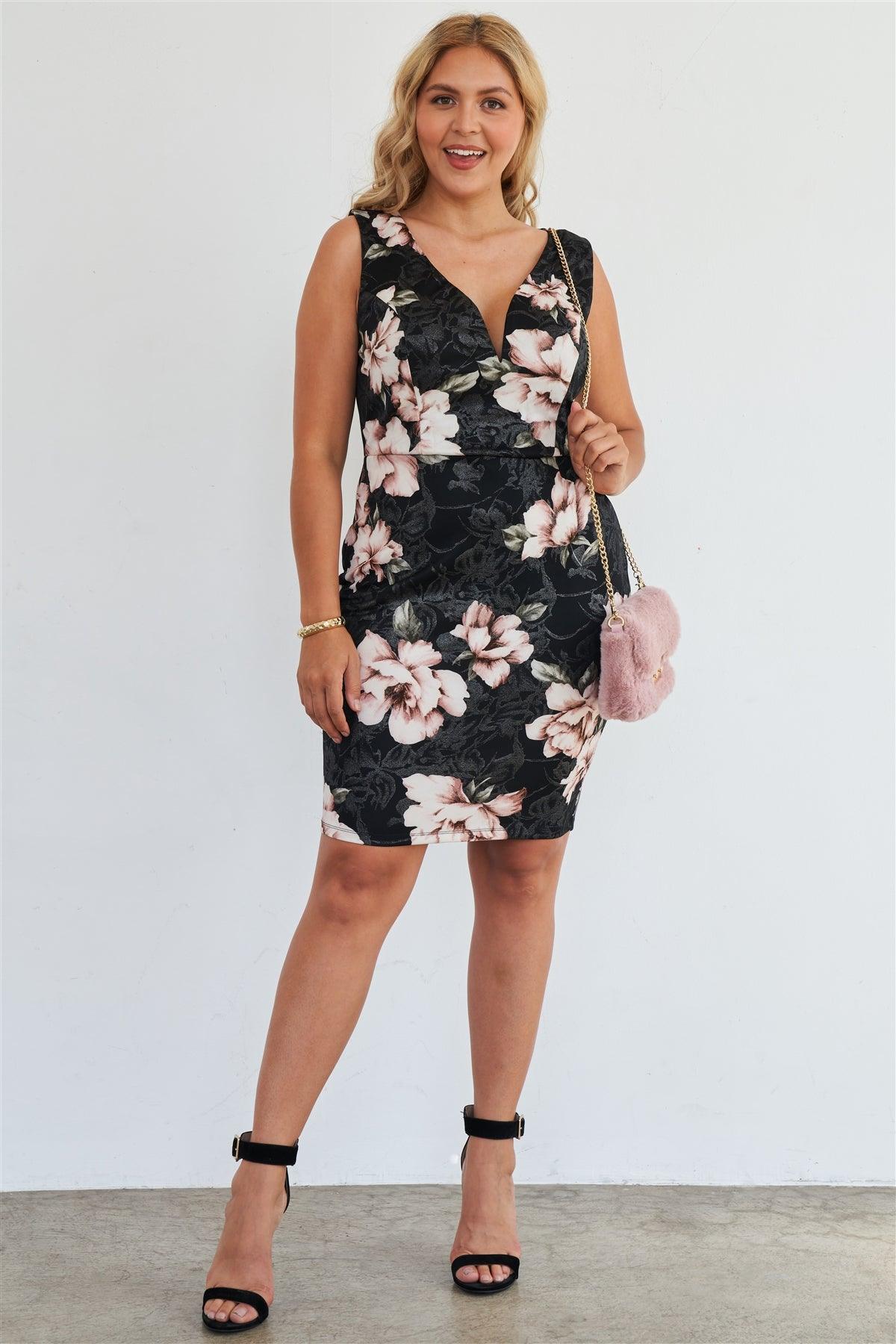 Junior Plus Size Silver Pink Floral Print Bodycon Lace Up Back Midi Dress /2-2-2-1