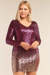 Junior Plus Size Burgundy Gold Ombre Sequin Long Sleeve Bodycon Mini Dress /2-2-2 - Tasha Apparel Wholesale