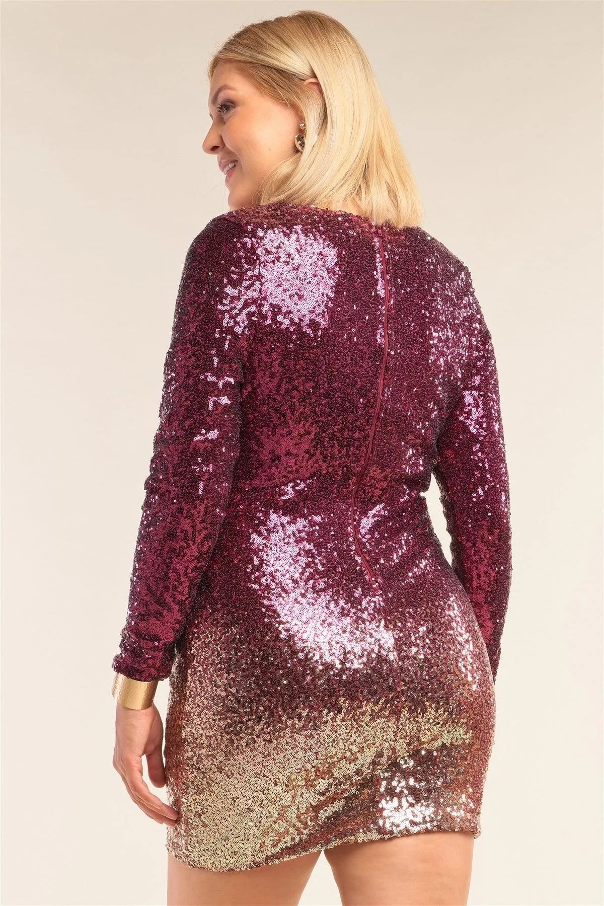 Junior Plus Size Burgundy Gold Ombre Sequin Long Sleeve Bodycon Mini Dress /2-2-2 - Tasha Apparel Wholesale