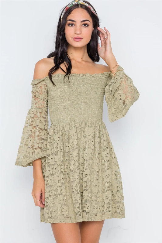 Boho Sage Floral Lace Off-the-Shoulder Mini Dress /2-2-2 - Tasha Apparel Wholesale