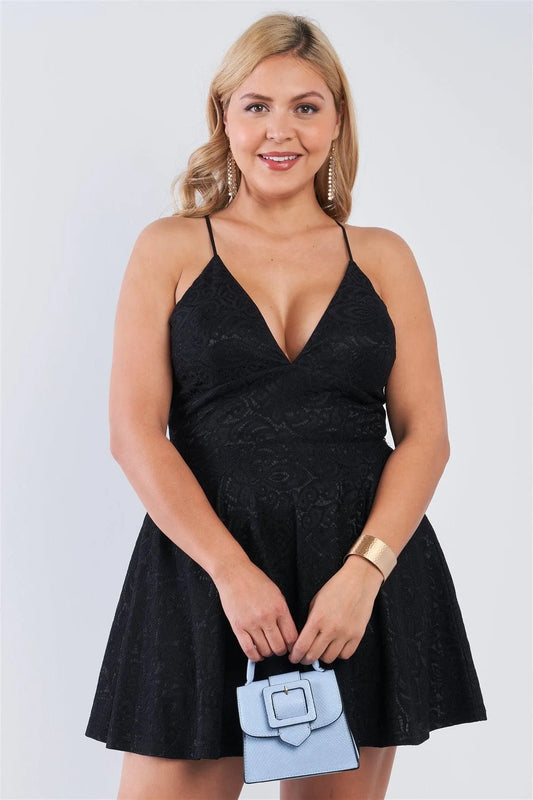 Junior Plus Size Black V-Neck Floral Lace Raceback Flare Skirt Mini Dress /2-2-2 - Tasha Apparel Wholesale