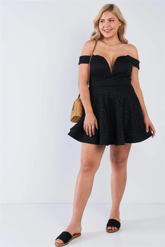 Junior Plus Size Black Floral Lace V-Neck Off The Shoulder Mini Flare Dress /2-1-1 - Tasha Apparel Wholesale