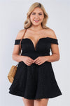 Junior Plus Size Black Floral Lace V-Neck Off The Shoulder Mini Flare Dress /2-2-2
