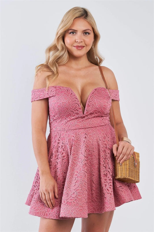 Junior Plus Size Mauve Floral Lace V-Neck Off The Shoulder Mini Flare Dress /2-2-2 - Tasha Apparel Wholesale