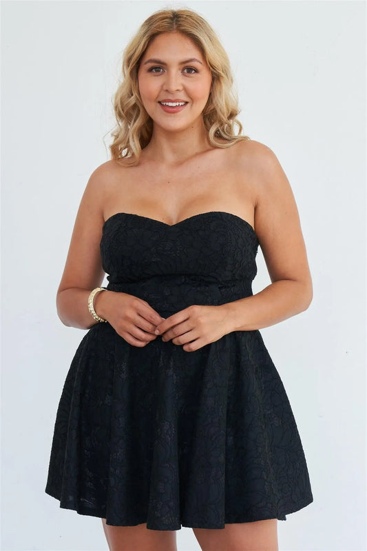 Junior Plus Size Strapless Black Floral Lace Embroidered Flare Mini Dress /2-1-1 - Tasha Apparel Wholesale