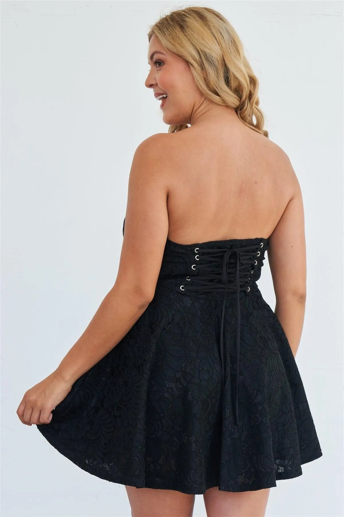 Junior Plus Size Strapless Black Floral Lace Embroidered Flare Mini Dress /2-2-2 - Tasha Apparel Wholesale