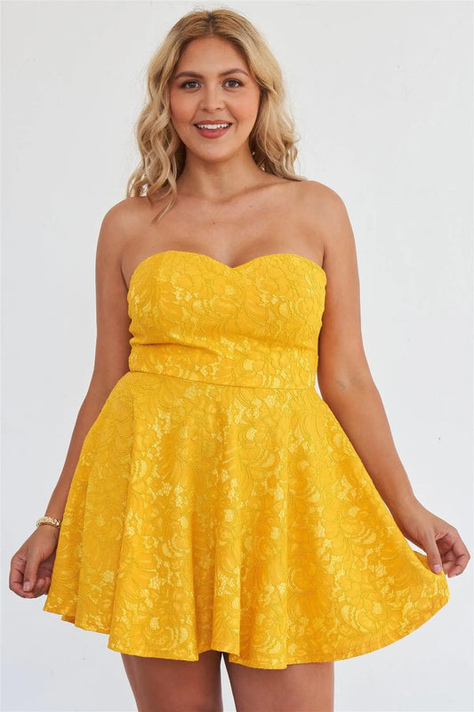 Junior Plus Size Yellow Floral Lace Embroidered Flare Mini Dress /2-2-2 - Tasha Apparel Wholesale