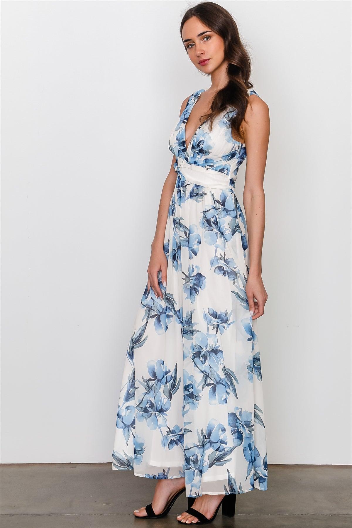 White Blue Flower Sleeveless Maxi Dress / 2-2-2