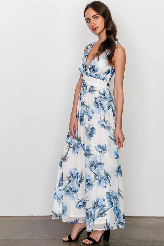 White Blue Flower Sleeveless Maxi Dress / 2-2-2 - Tasha Apparel Wholesale