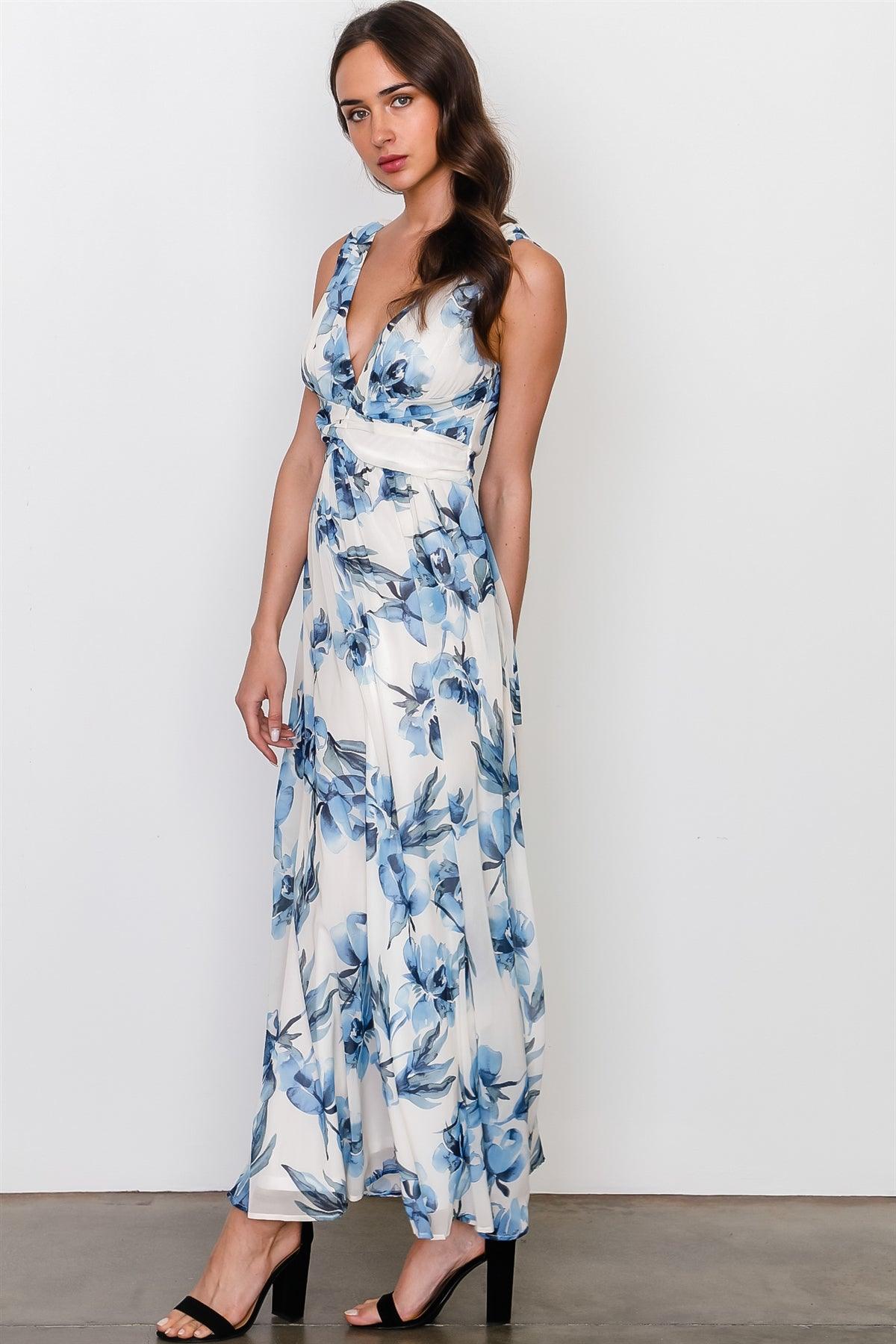White Blue Flower Sleeveless Maxi Dress / 2-2-2