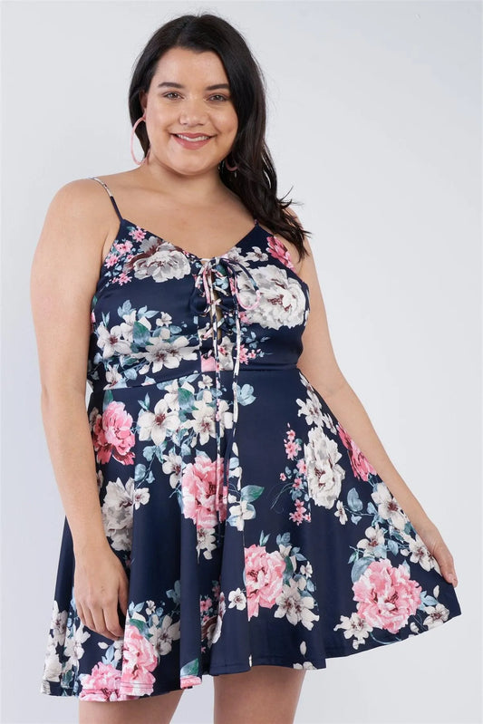 Junior Plus Size Navy Floral Mini Corset Dress /1-2-2 - Tasha Apparel Wholesale