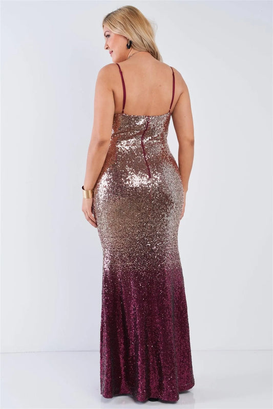 Junior Plus Size Multi Color Sequin Ombre V-Neck Gown /2-1-1 - Tasha Apparel Wholesale