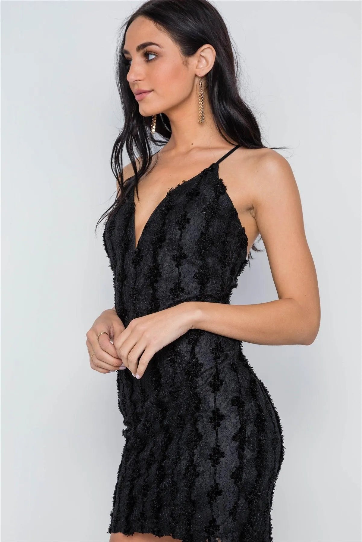 Black Floral Lace Bodycon Cami Mini Dress /3-2-2 - Tasha Apparel Wholesale