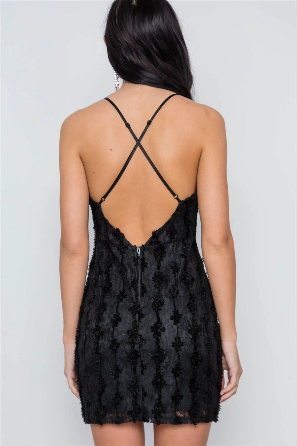 Black Floral Lace Bodycon Cami Mini Dress /3-2-2 - Tasha Apparel Wholesale