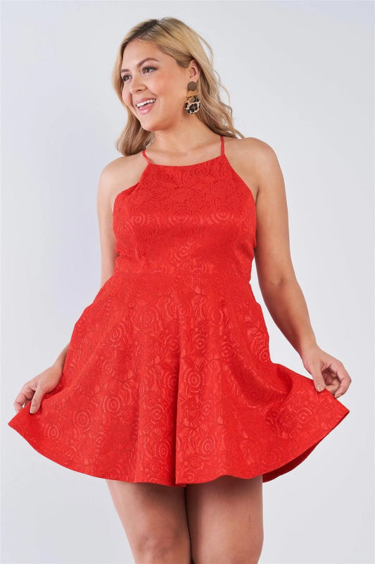 Junior Plus Size Red Lace Halter Neck Open Back Criss Cross Mini Dress /2-2-2 - Tasha Apparel Wholesale