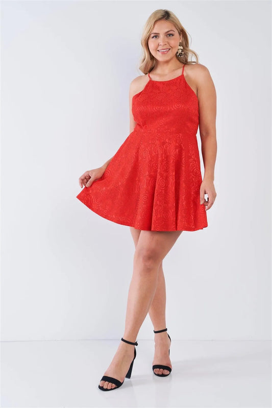 Junior Plus Size Red Lace Halter Neck Open Back Criss Cross Mini Dress /3-2-2 - Tasha Apparel Wholesale