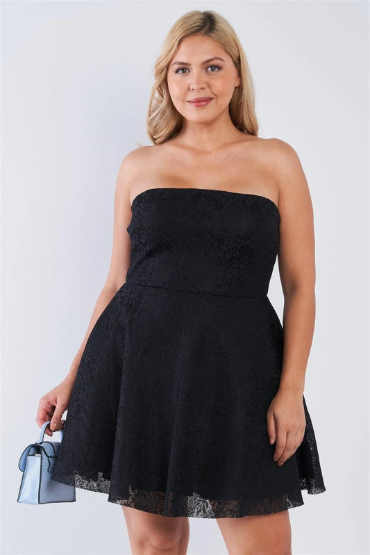 Junior Plus Size Black Floral Lace Strapless Fit & Flare Mini Dress /2-2-2 - Tasha Apparel Wholesale