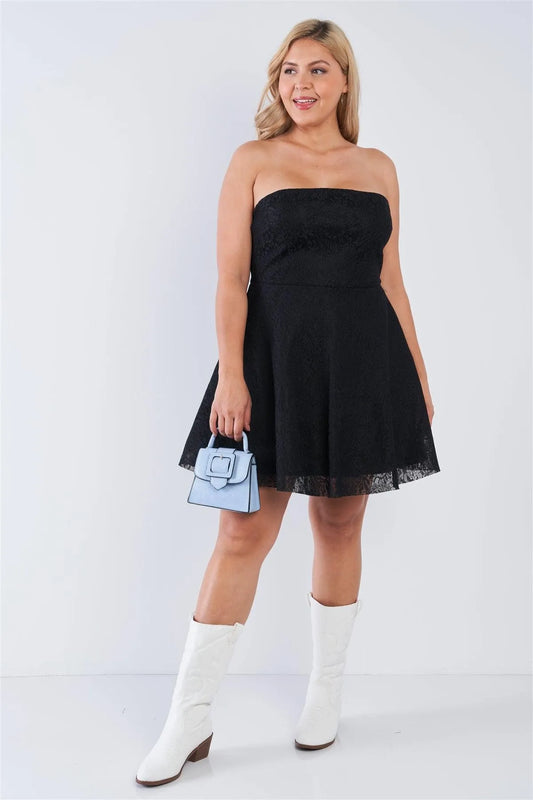 Junior Plus Size Black Floral Lace Strapless Fit & Flare Mini Dress /3-2-2 - Tasha Apparel Wholesale